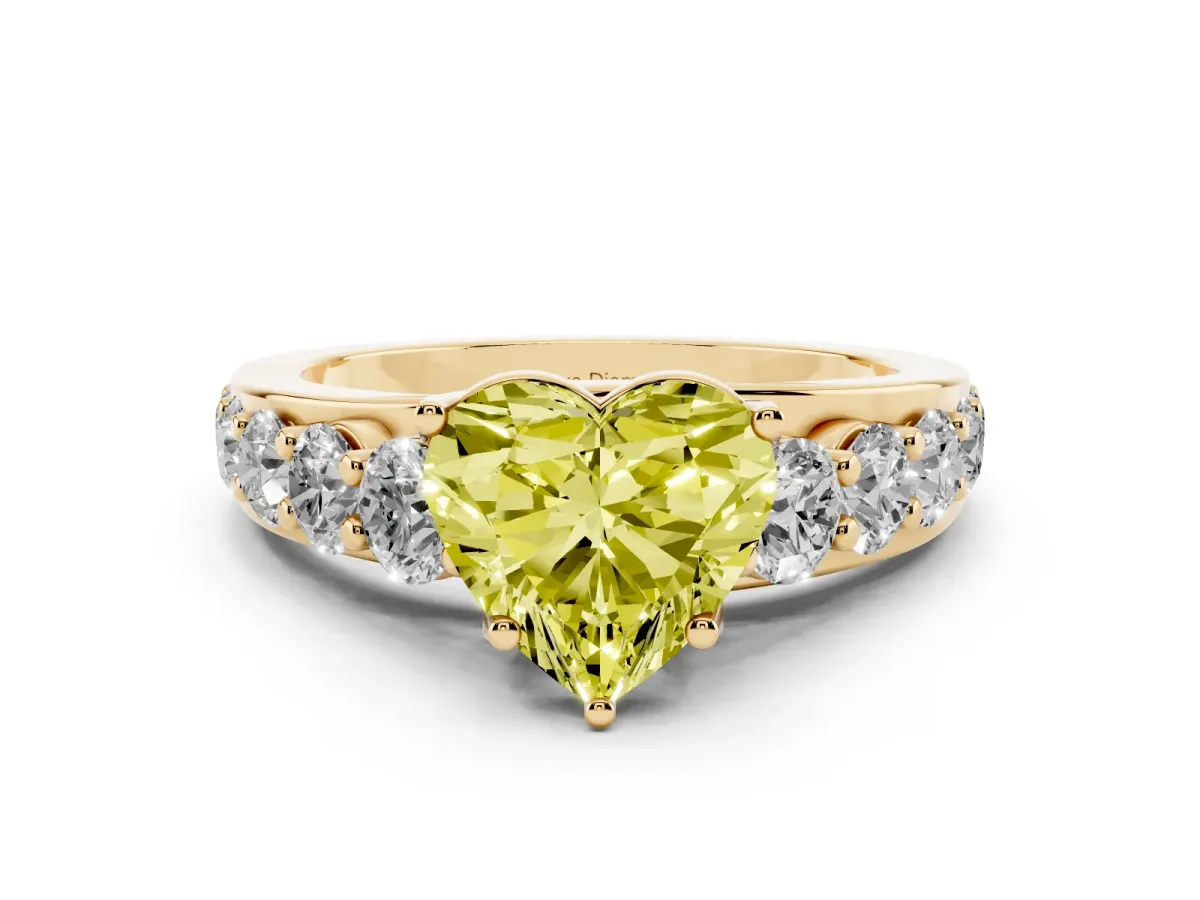 Fancy Yellow Heart Cut Diamond Pavé Engagement Ring Set in Yellow gold with Prong Setting