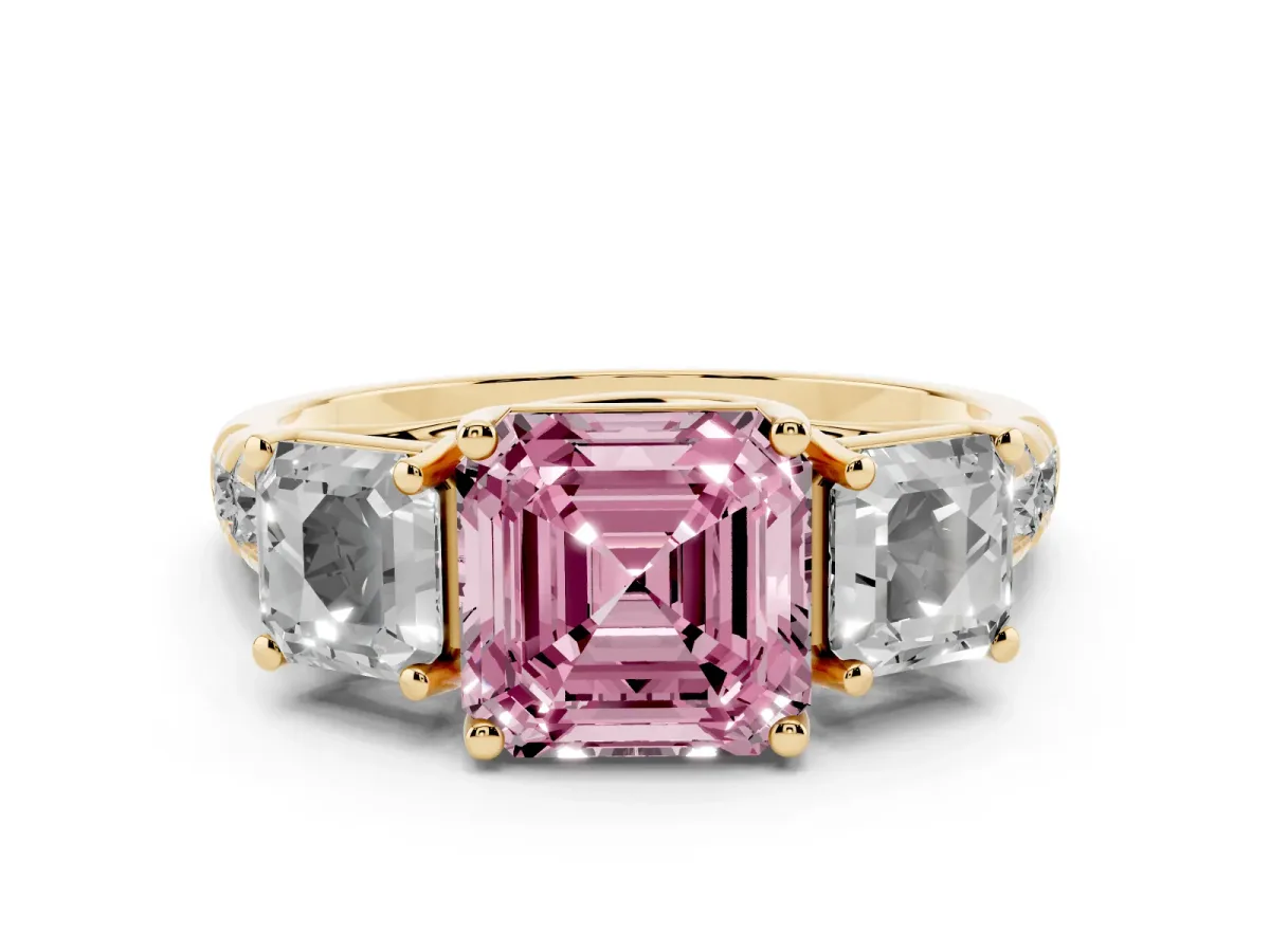 Fancy Pink Asscher Cut Diamond Three-Stone Ring Set in Yellow gold with Pavé Band