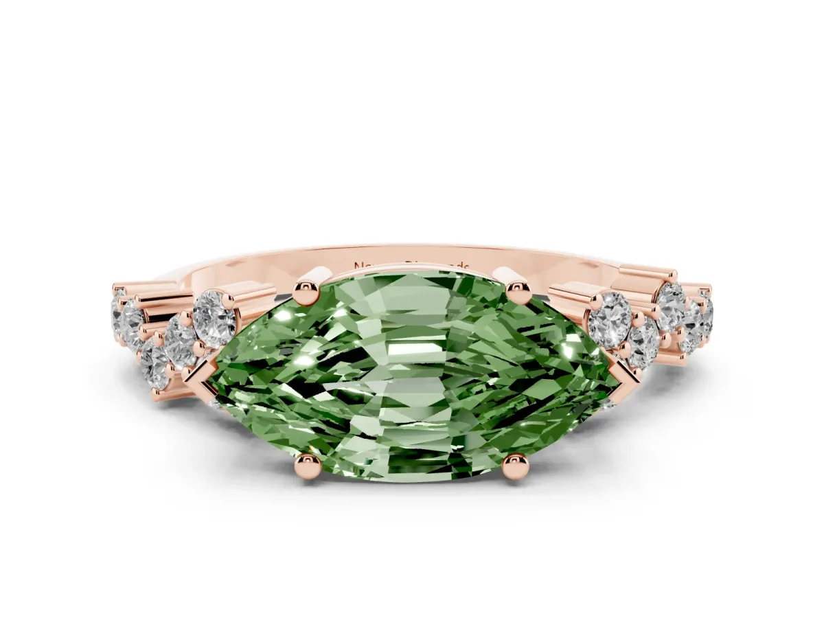 Fancy Green Marquise Cut Diamond Ring Set in Rose gold with Scattered Round Accents