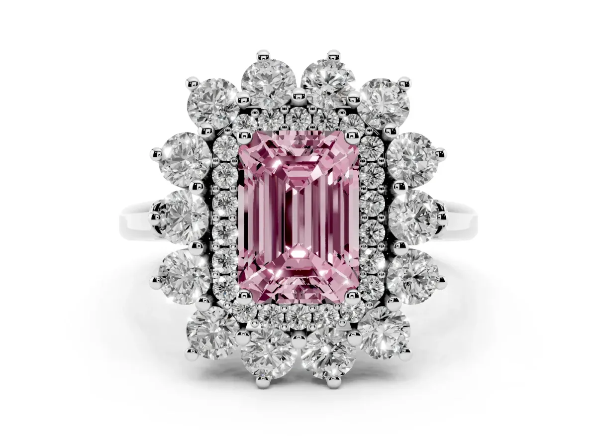 Fancy Pink Emerald Cut Diamond Floral Double Halo Ring Set in White gold with Round Petals