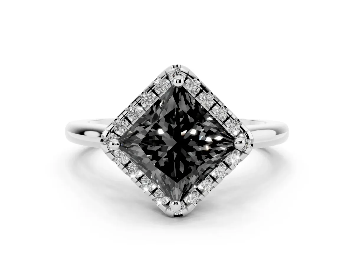 Fancy Black Princess Cut Diamond Halo Engagement Ring Set in Platinum with Pavé Band and Rising Shoulders