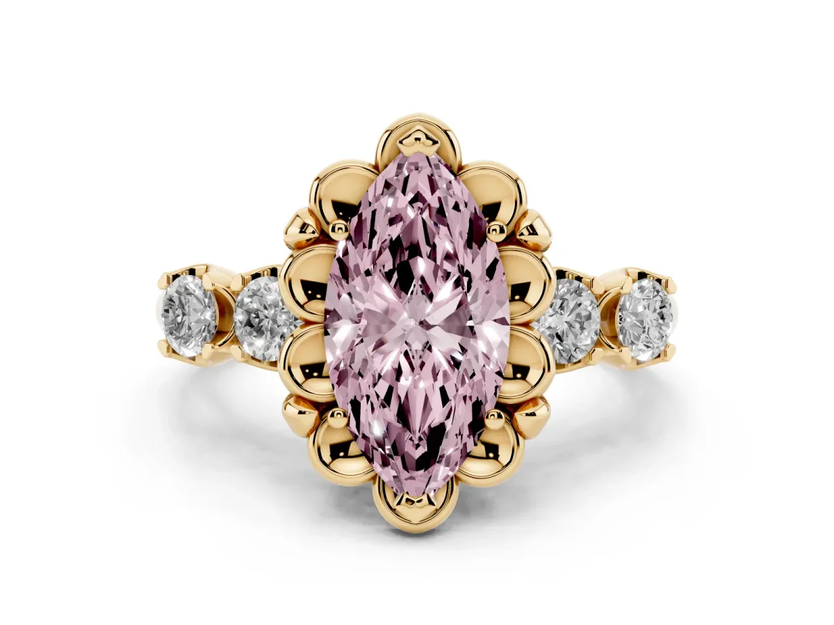 Fancy Pink Marquise Cut Diamond Floral Halo Ring Set in Yellow gold with Shared Prong Band
