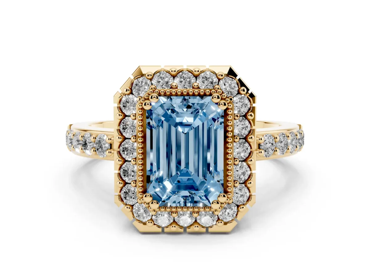 Fancy Blue Emerald Cut Diamond Halo Ring Set in Yellow gold with Pavé Shank and Prong Setting