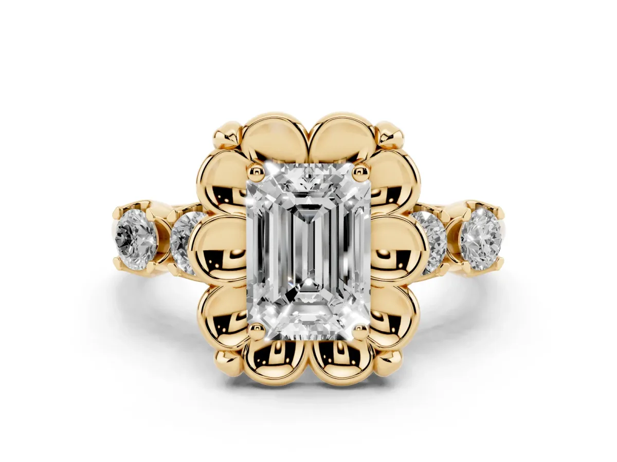 Emerald Cut Diamond Floral Halo Ring Set in Yellow gold with Shared Prong Band