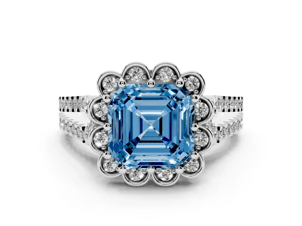 Fancy Blue Asscher Cut Diamond Floral Halo Split Shank Engagement Ring Set in White gold with Pavé Shank