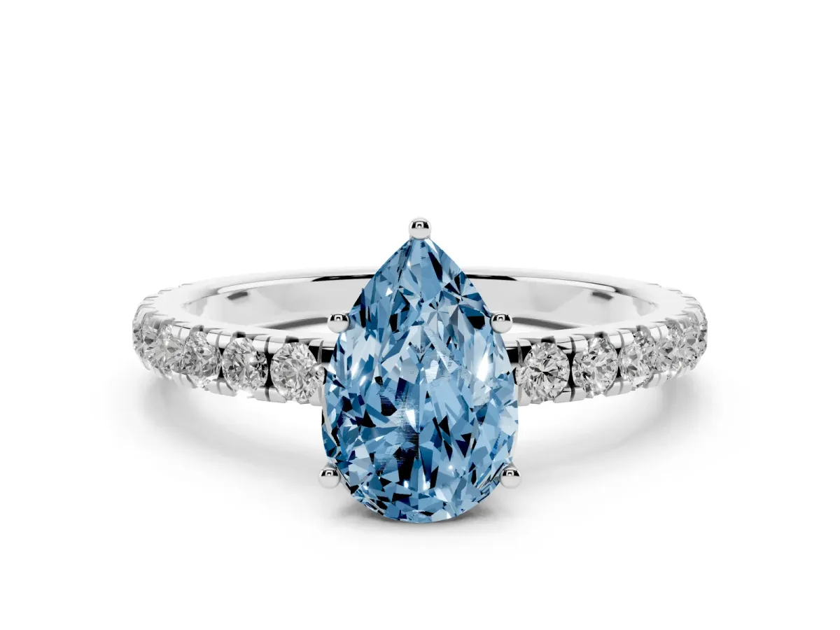 Fancy Blue Pear Cut Diamond Pavé Solitaire Engagement Ring Set in Silver with Prong Setting