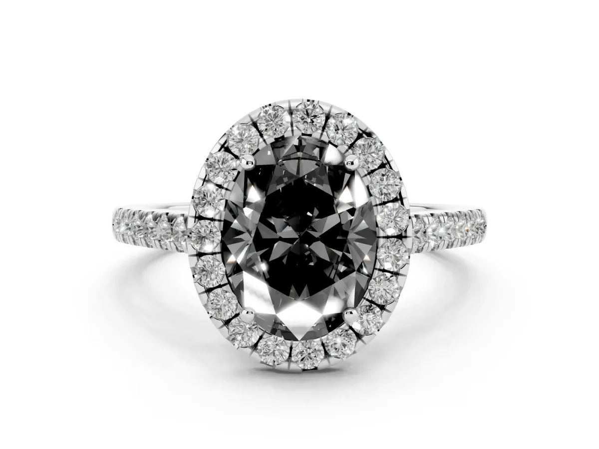 Fancy Black Oval Cut Diamond Halo Pavé Engagement Ring Set in White gold with Prong Setting