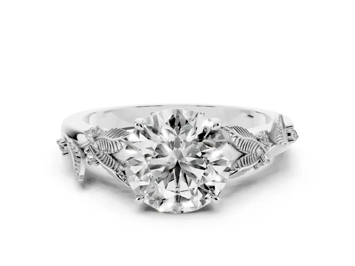 Round Cut Diamond Solitaire Ring Set in White gold with Leaf Motif Band