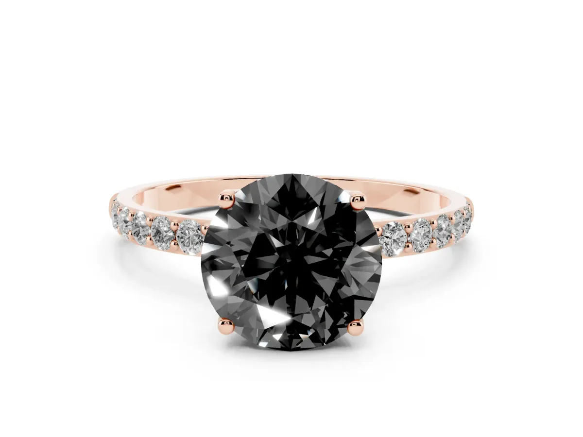 Fancy Black Round Cut Diamond Solitaire Engagement Ring Set in Rose gold with Round Pavé Band and Prong Setting