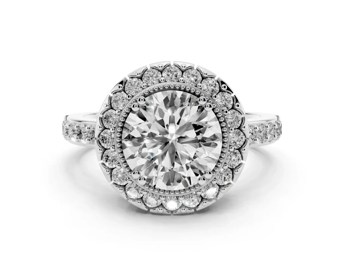 Round Cut Diamond Halo Ring Set in Silver with Pavé Shank and Prong Setting