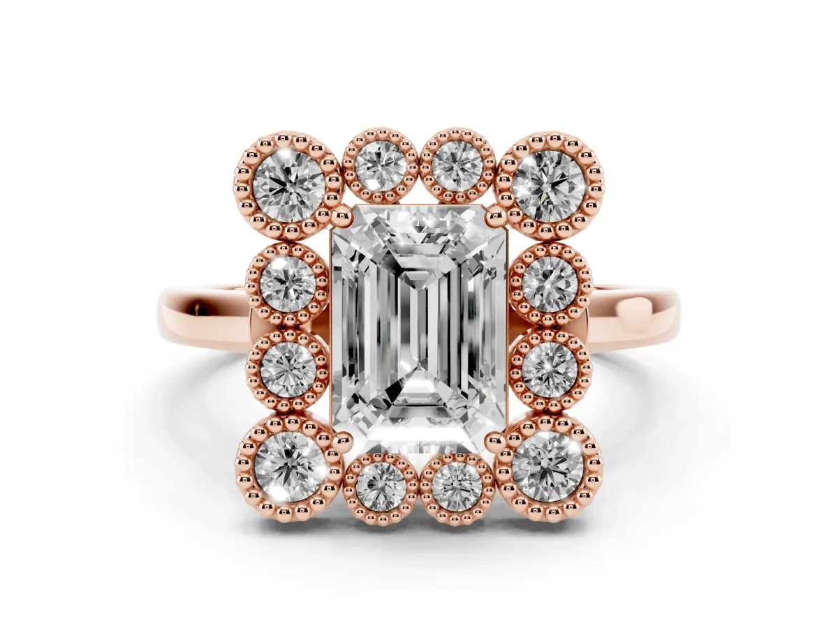 Emerald Cut Diamond Cluster Halo Ring Set in Rose gold with Milgrain Bezel Accents and Plain Band