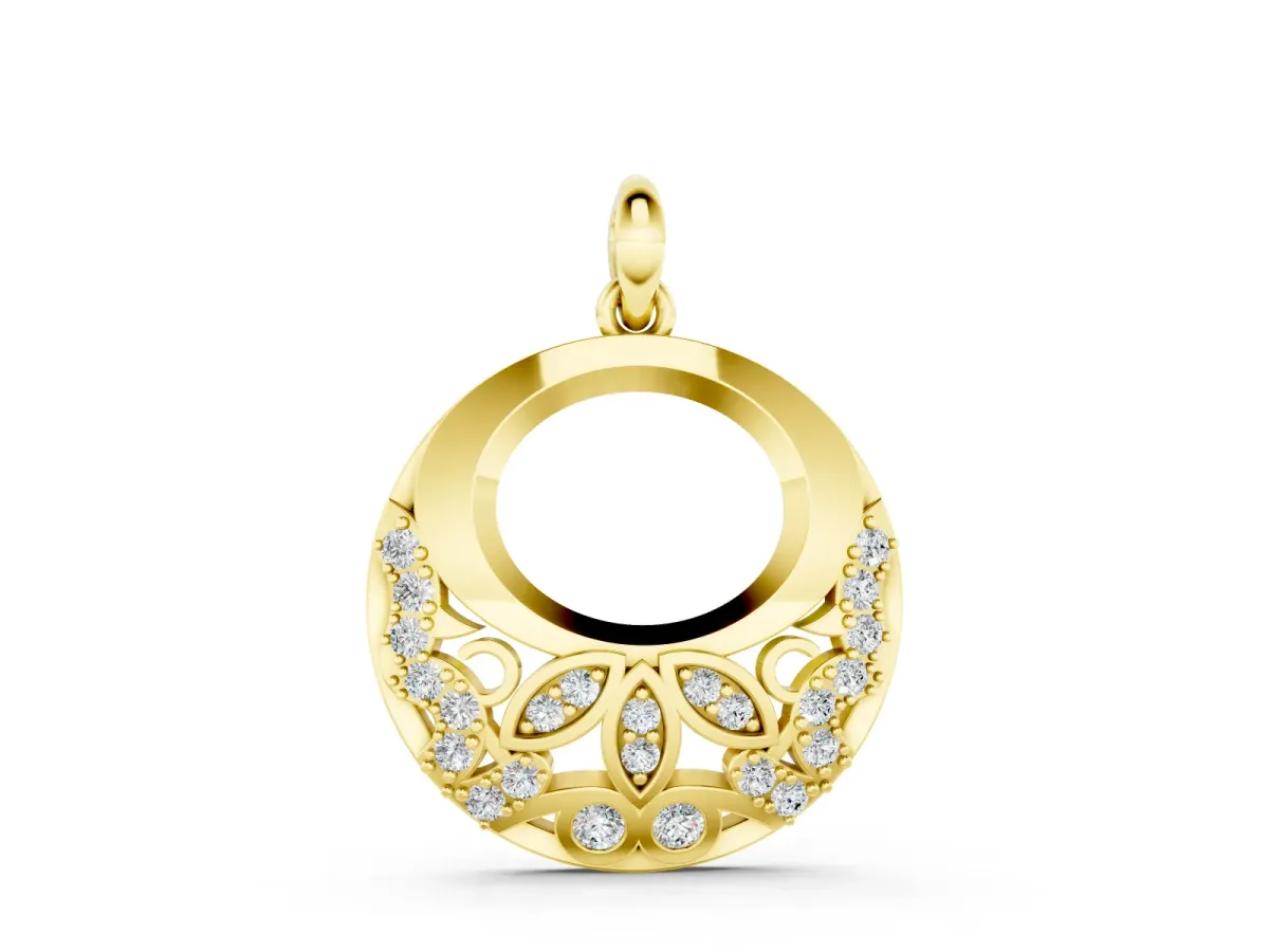 Round Diamond Leaf Filigree Pendant Set in Yellow gold with Pavé Setting