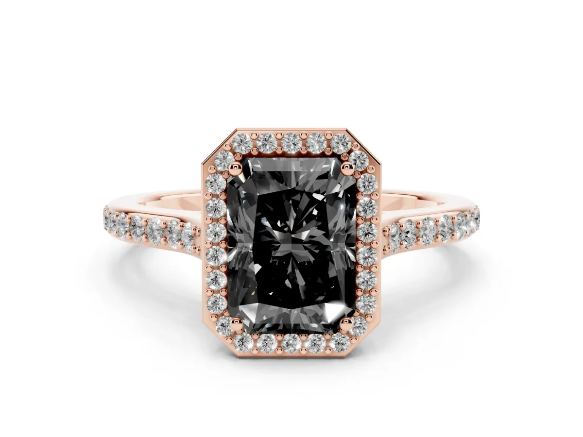 Fancy Black Radiant Cut Diamond Halo Engagement Ring Set in Rose gold with Round Pavé Shoulders and Heart Gallery
