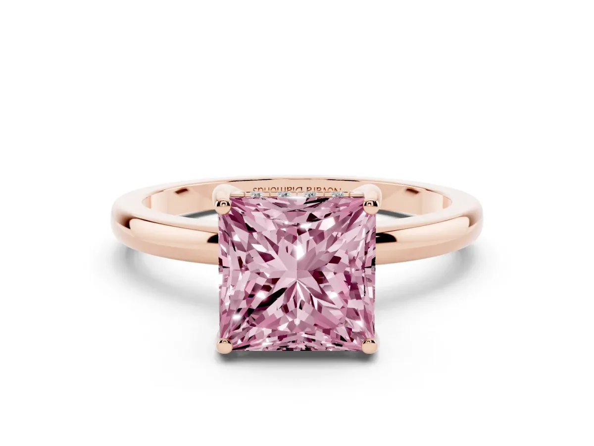 Fancy Pink Princess Cut Diamond Solitaire Ring Set in Rose gold with Plain Band and Prong Setting
