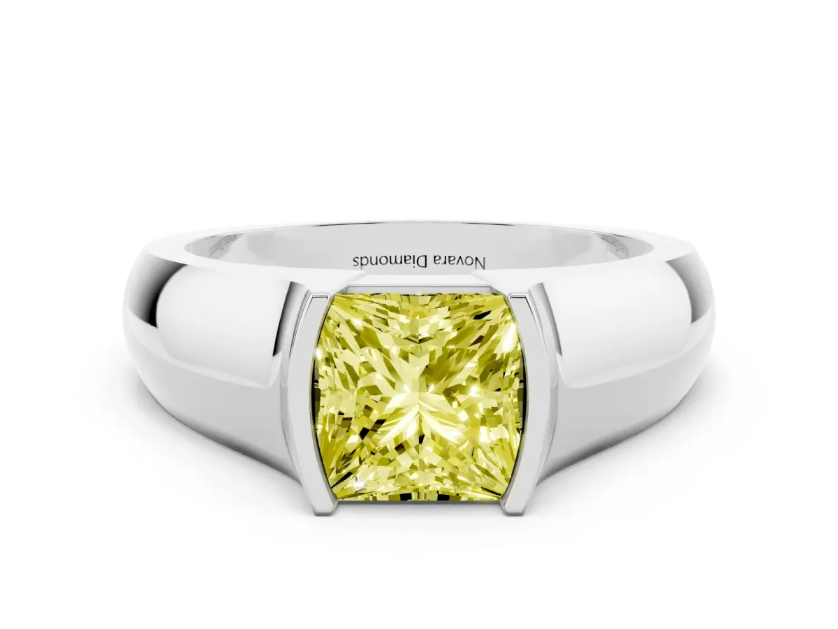 Fancy Yellow Princess Cut Diamond Bezel Solitaire Ring Set in Platinum with Wide Band
