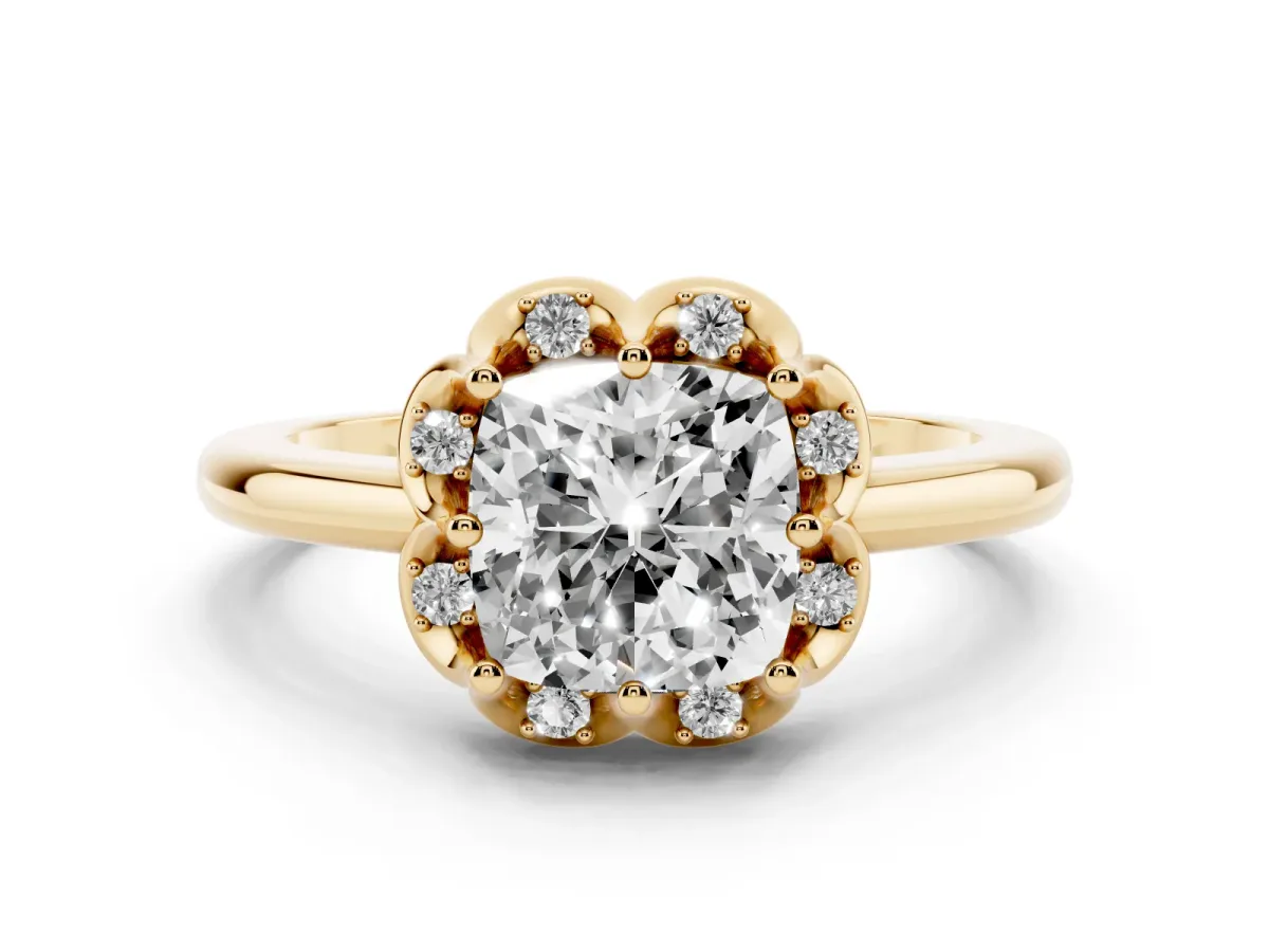 Cushion Cut Diamond Round Cluster Halo Ring Set in Yellow gold with Solitaire Band and Prong Setting