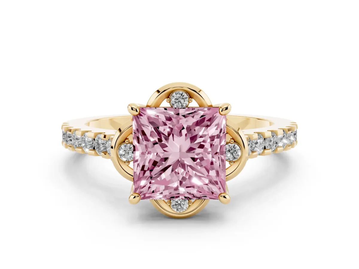 Fancy Pink Princess Cut Diamond Solitaire Ring Set in Yellow gold with Pavé Band and Floral Prong Setting