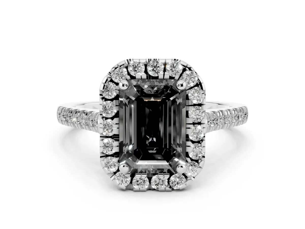Fancy Black Emerald Cut Diamond Cushion Halo Ring Set in White gold with Pavé Band