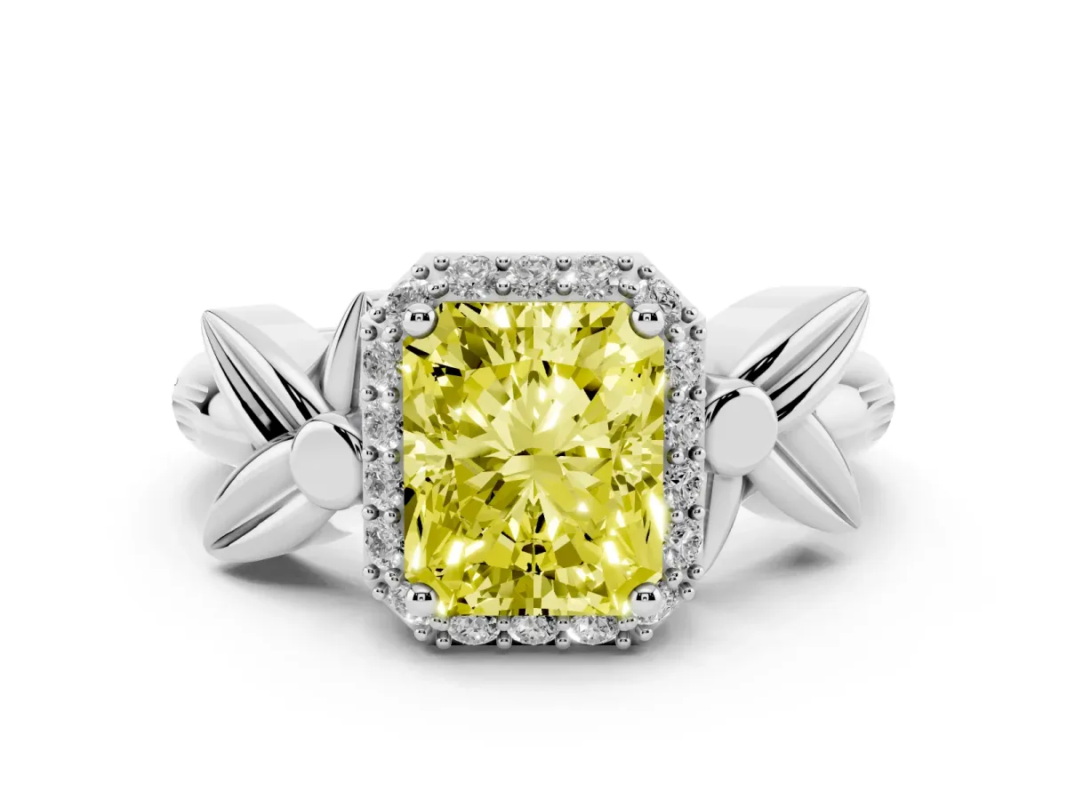 Fancy Yellow Radiant Cut Diamond Halo Floral Band Ring Set in White gold with Prong Setting