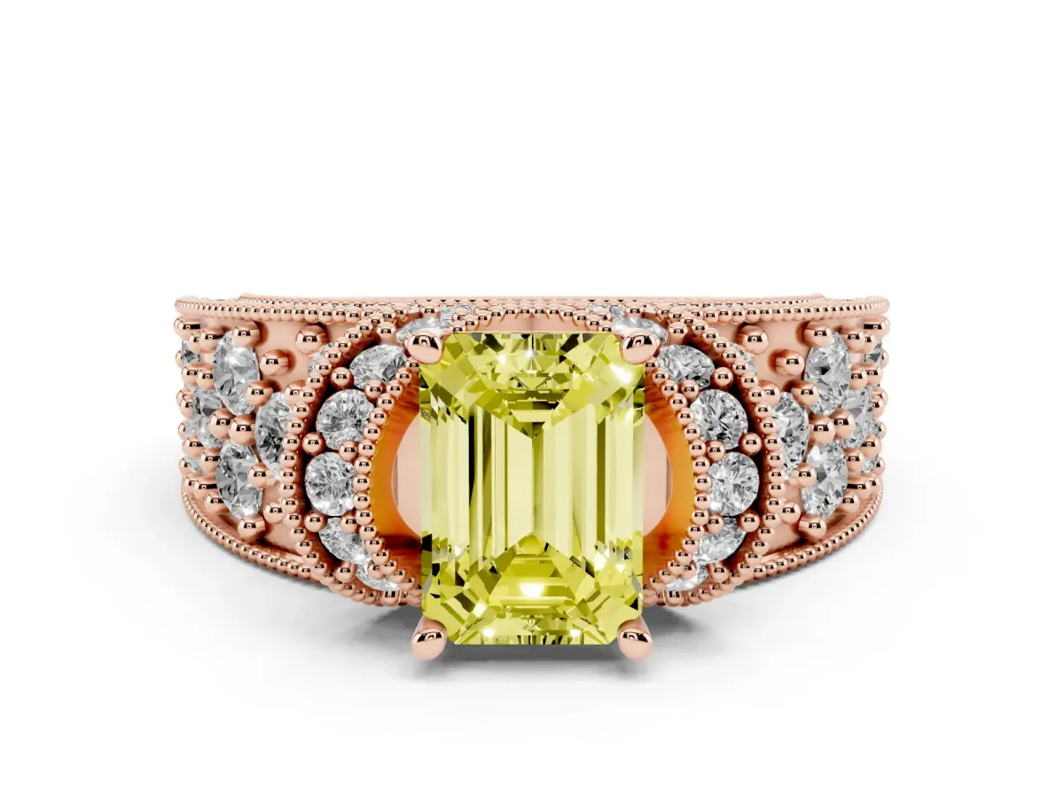 Fancy Yellow Emerald Cut Diamond Milgrain Halo Pavé Engagement Ring Set in Rose gold with Prong Setting