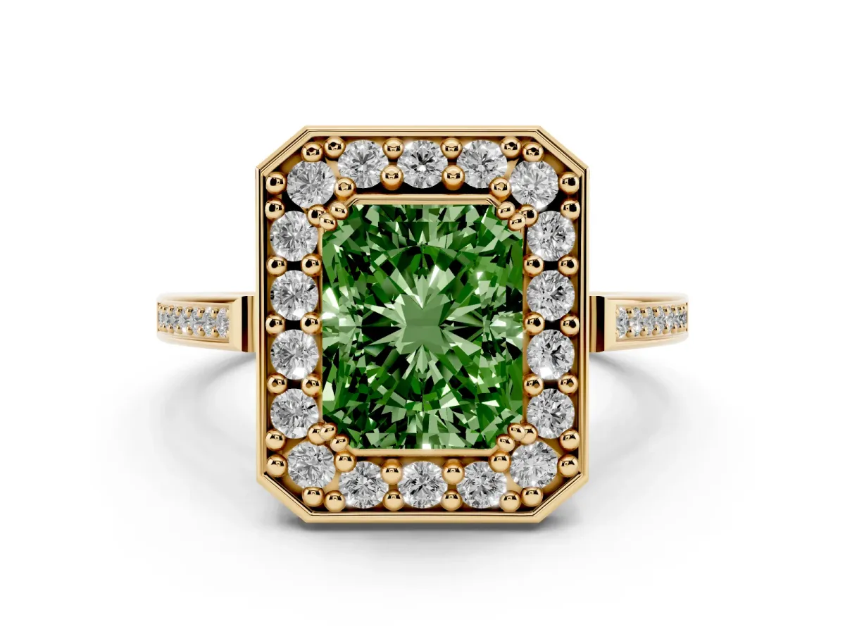 Fancy Green Radiant Cut Diamond Halo Ring Set in Yellow gold with Accent-Lined Split Shank and Prong Setting