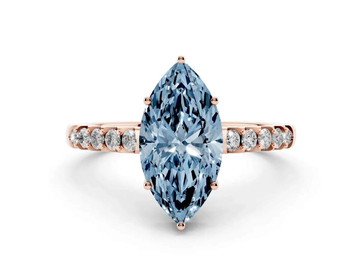 Fancy Blue Marquise Cut Diamond Solitaire Engagement Ring Set in Rose gold with Pavé Band and Prong Setting