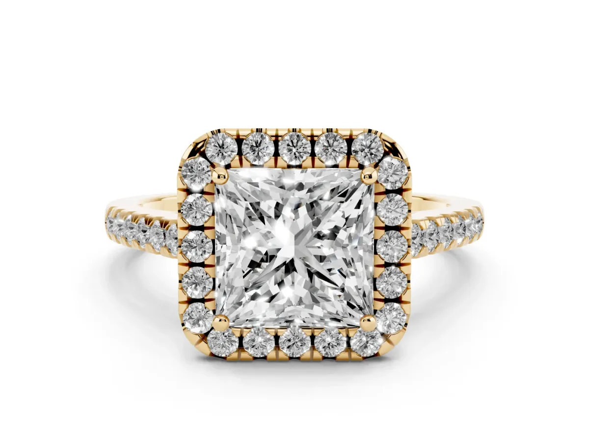 Princess Cut Diamond Pavé Halo Engagement Ring Set in Yellow gold with Pavé Band and Prong Setting