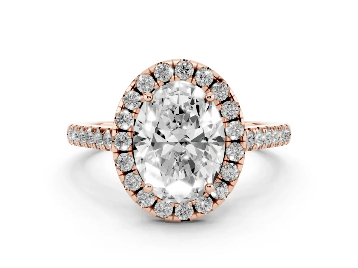 Oval Cut Diamond Pavé Halo Engagement Ring Set in Rose gold with Pavé Band and Prong Setting