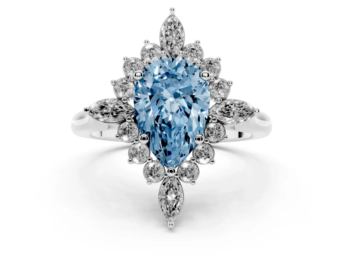 Fancy Blue Pear Cut Diamond Cluster Halo Ring Set in Platinum with Marquise and Round Accents