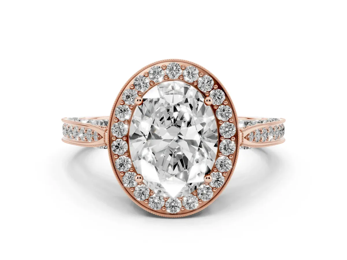 Oval Cut Diamond Halo Engagement Ring Set in Rose gold with Accent Split Shank Band
