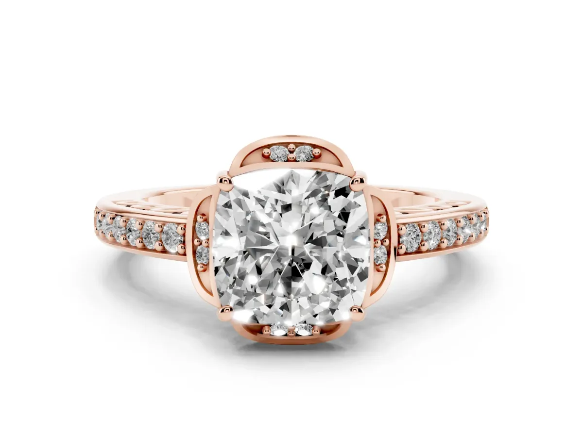 Cushion Cut Diamond Halo Ring Set in Rose gold with Channel Set Band and Prong Setting