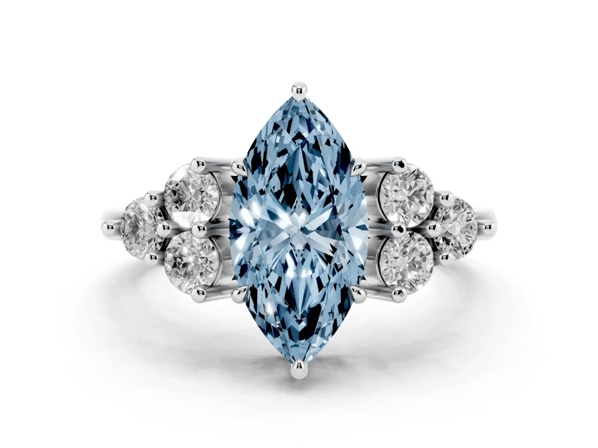 Fancy Blue Marquise Cut Diamond Solitaire Ring Set in Silver with Cluster Accents on Each Side