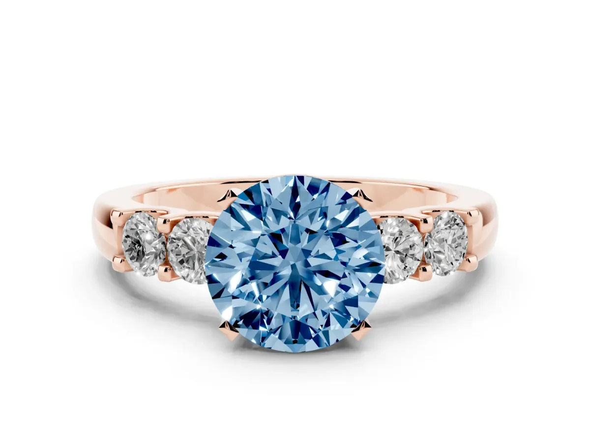 Fancy Blue Round Cut Diamond Five-Stone Prong Set Engagement Ring Set in Rose gold with Channel Band