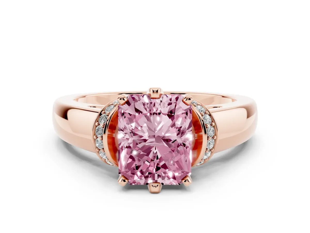 Fancy Pink Radiant Cut Diamond Pavé Band Solitaire Ring Set in Rose gold with Prong Setting