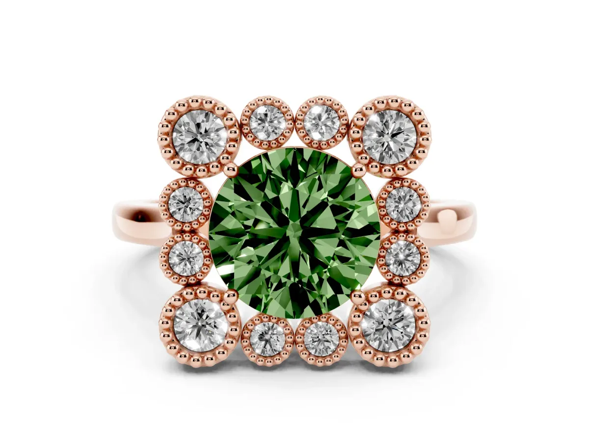 Fancy Green Round Cut Diamond Cluster Halo Ring Set in Rose gold with Milgrain Bezel Accents and Plain Band