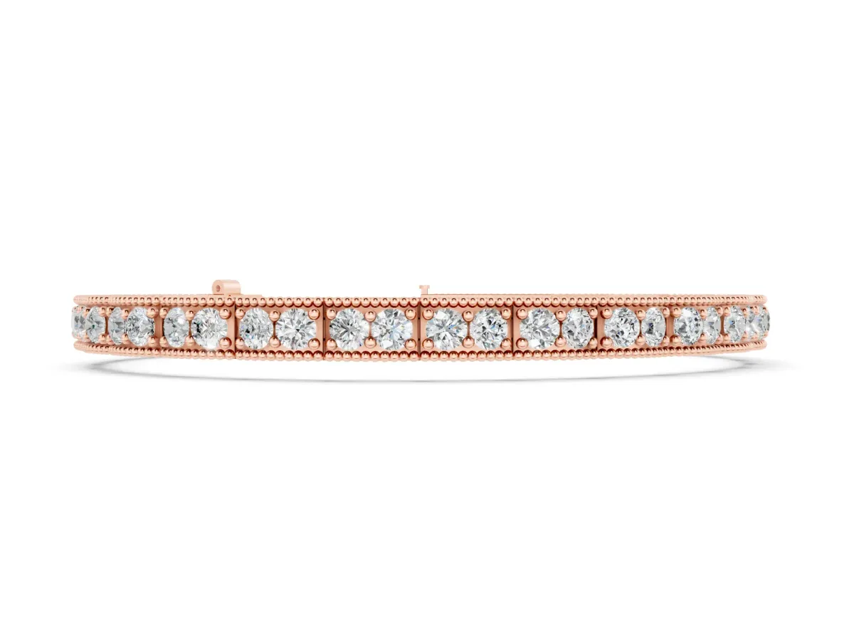 Round Cut Diamond Milgrain Tennis Bracelet Set in Rose gold with Box Setting
