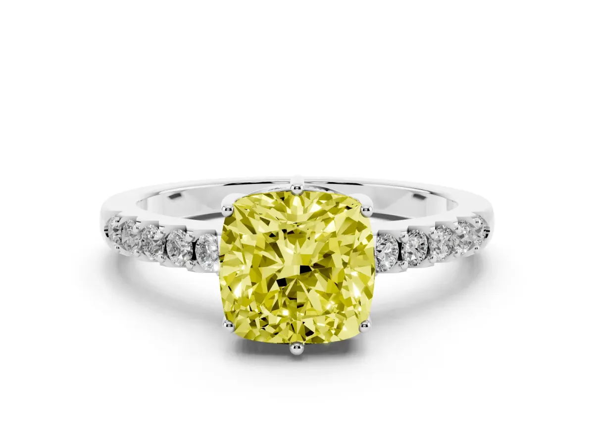 Fancy Yellow Cushion Cut Diamond Solitaire Engagement Ring Set in Silver with Pavé Band and Prong Setting