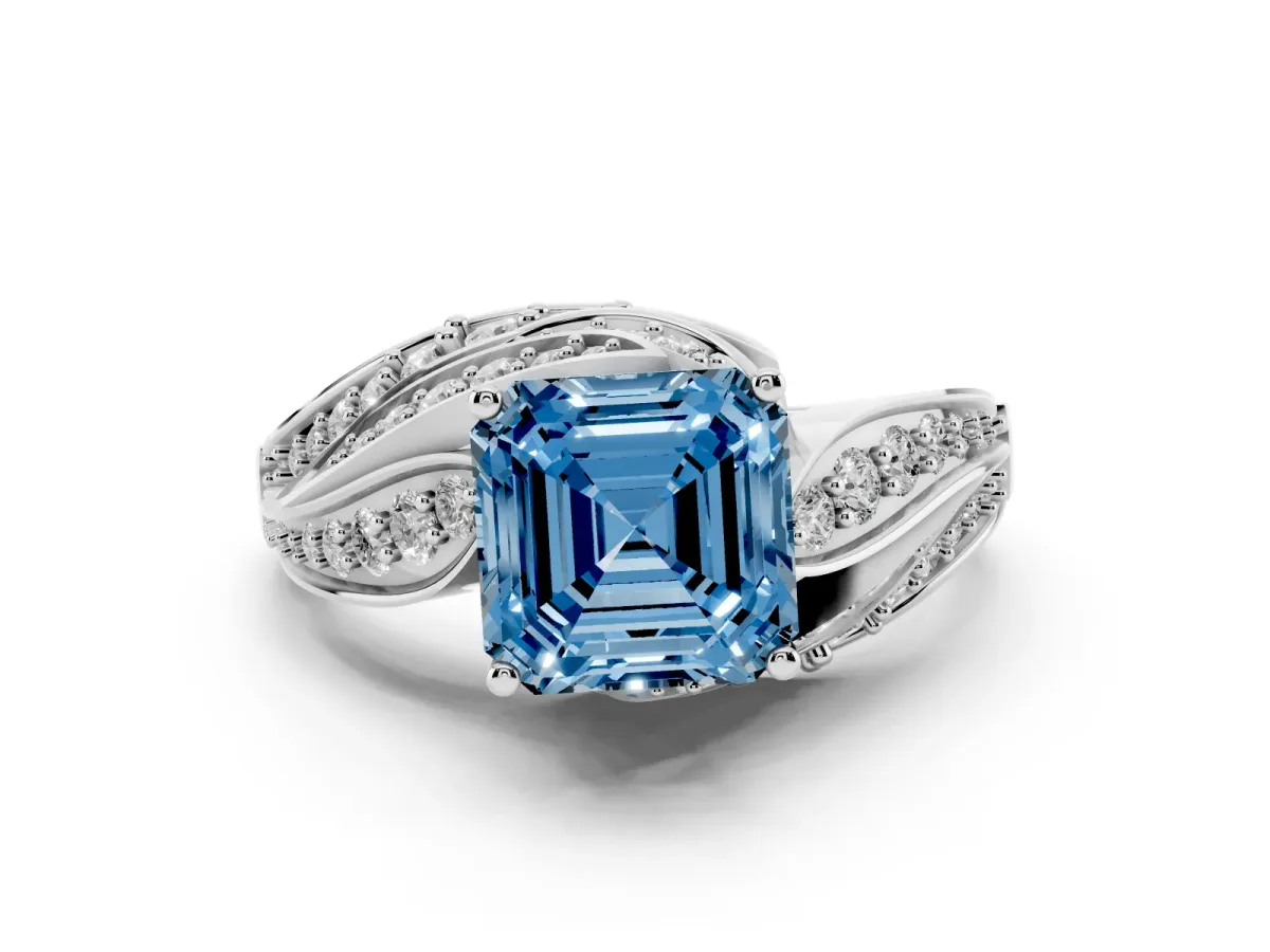 Fancy Blue Asscher Cut Diamond Solitaire Ring Set in Platinum with Layered Twist Pavé Band
