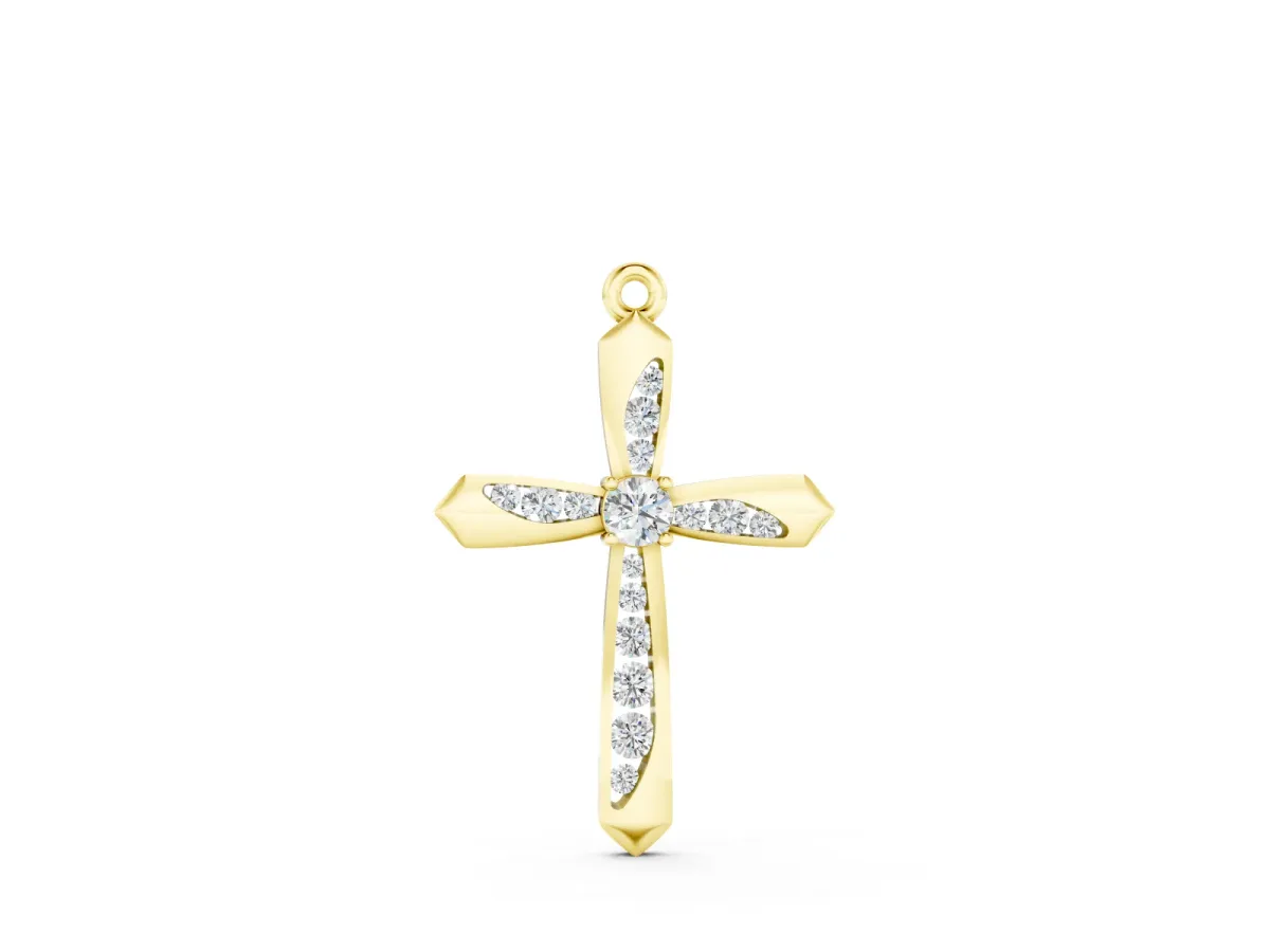 Cross Pendant Set in Yellow gold with Prong-Set Round Cut Stones and Center Stone