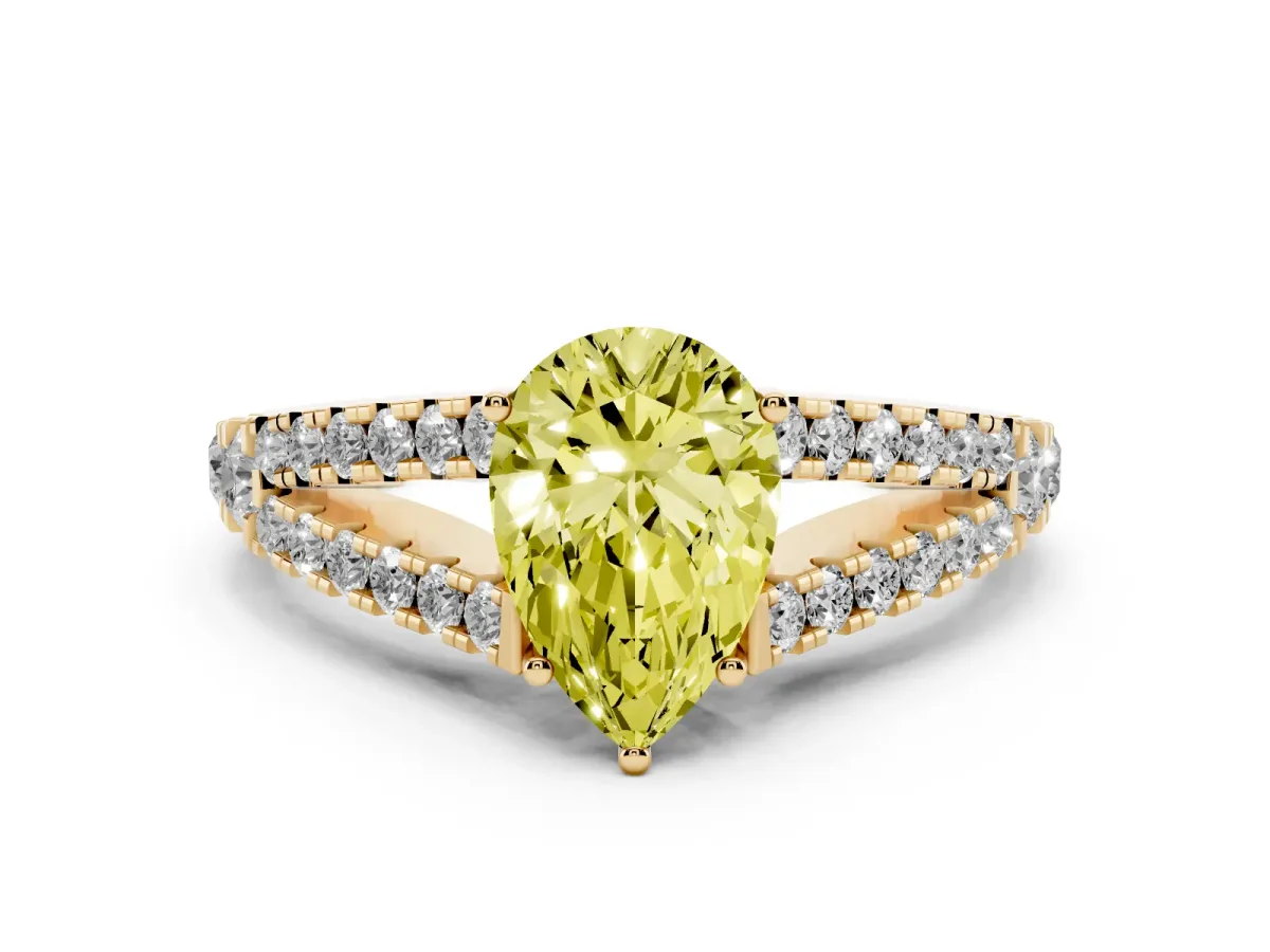 Fancy Yellow Pear Cut Diamond Split Shank Pavé Engagement Ring Set in Yellow gold with Prong-Held Center Stone