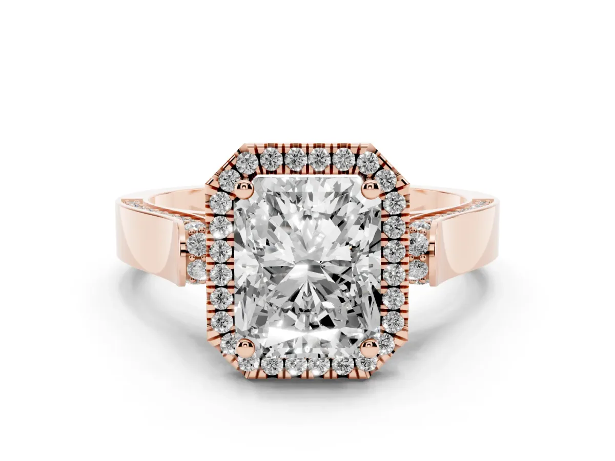Radiant Cut Diamond Halo Ring Set in Rose gold with Pavé-Lined Split Shank Band