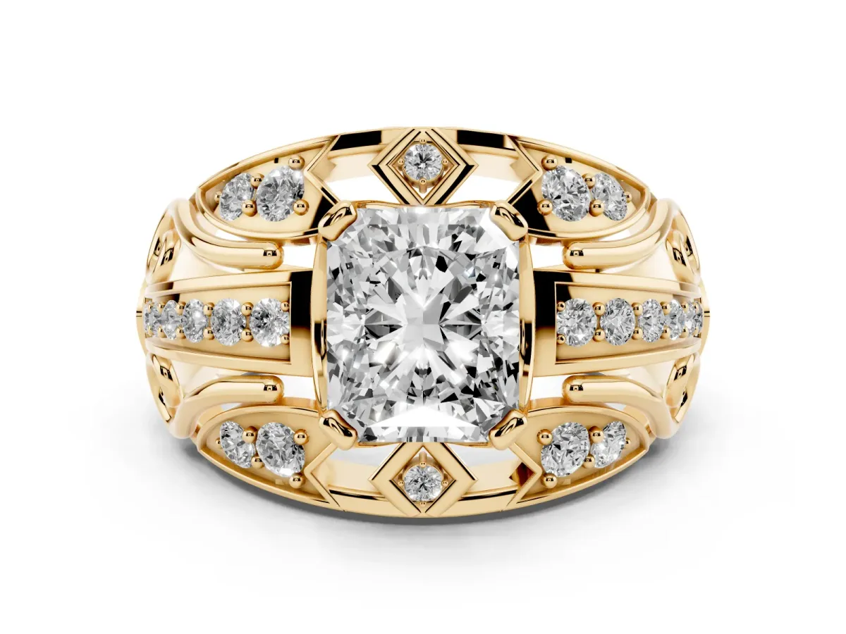 Radiant Cut Diamond Art Deco Ring Set in Yellow gold with Pavé Split Shank