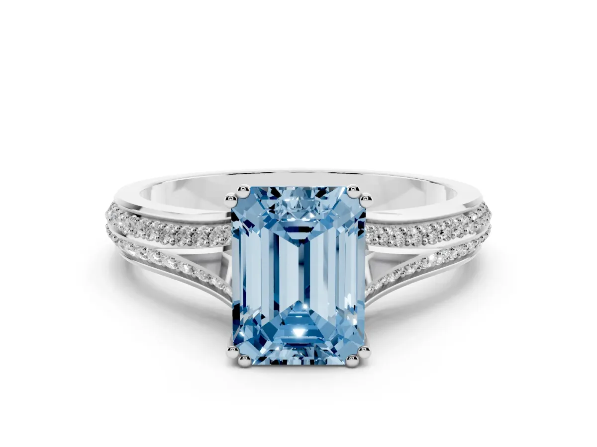 Fancy Blue Emerald Cut Diamond Split Shank Pavé Engagement Ring Set in Silver with Prong-Set Center Stone