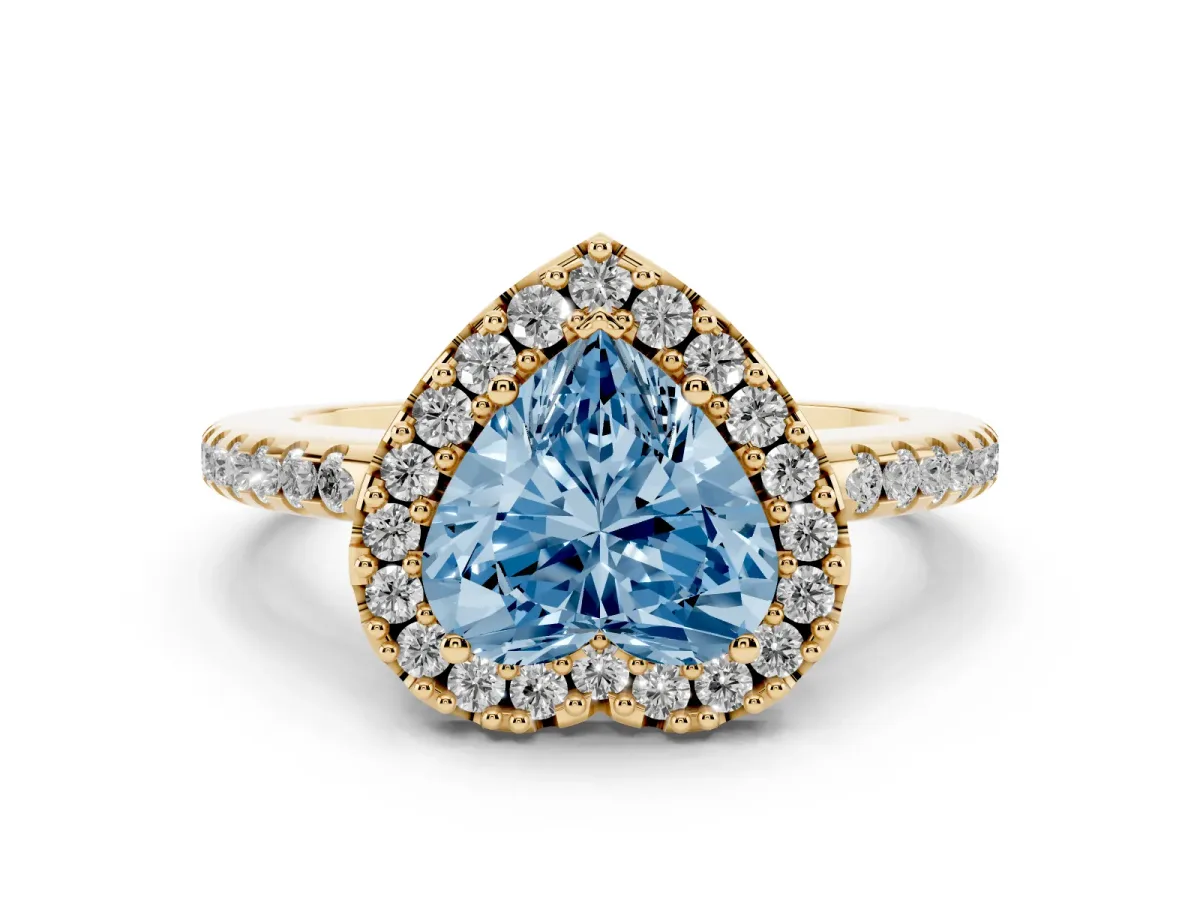 Fancy Blue Heart Cut Diamond Pavé Halo Ring Set in Yellow gold with Prong Setting