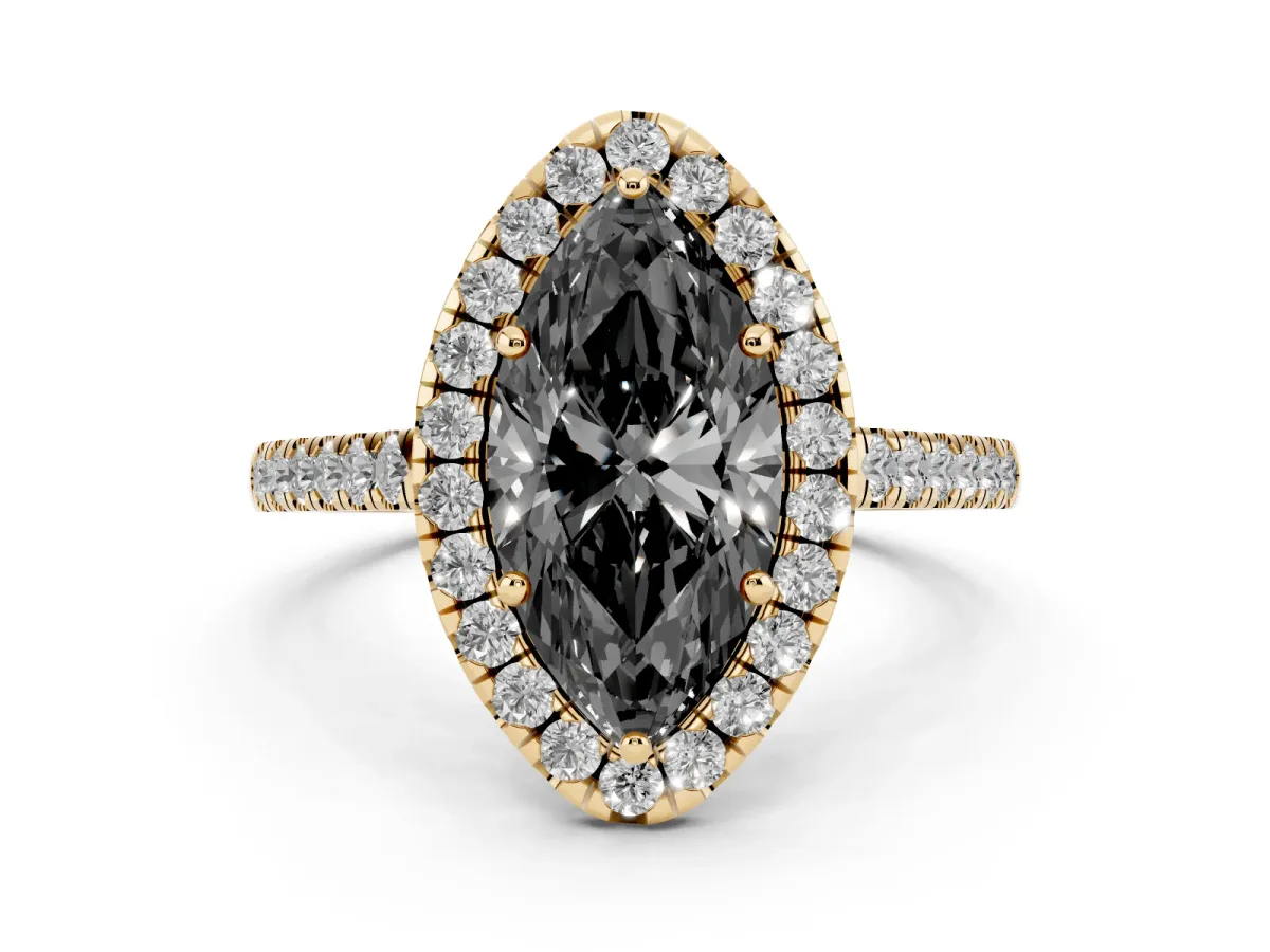 Fancy Black Marquise Cut Diamond Halo Pavé Engagement Ring Set in Yellow gold with Prong Setting