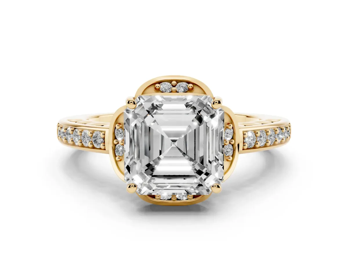 Asscher Cut Diamond Halo Ring Set in Yellow gold with Channel Set Band and Prong Setting