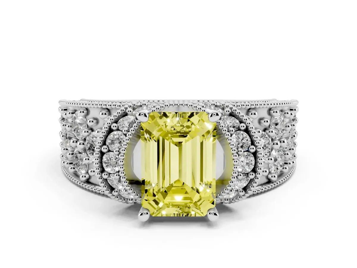 Fancy Yellow Emerald Cut Diamond Milgrain Halo Pavé Engagement Ring Set in Platinum with Prong Setting