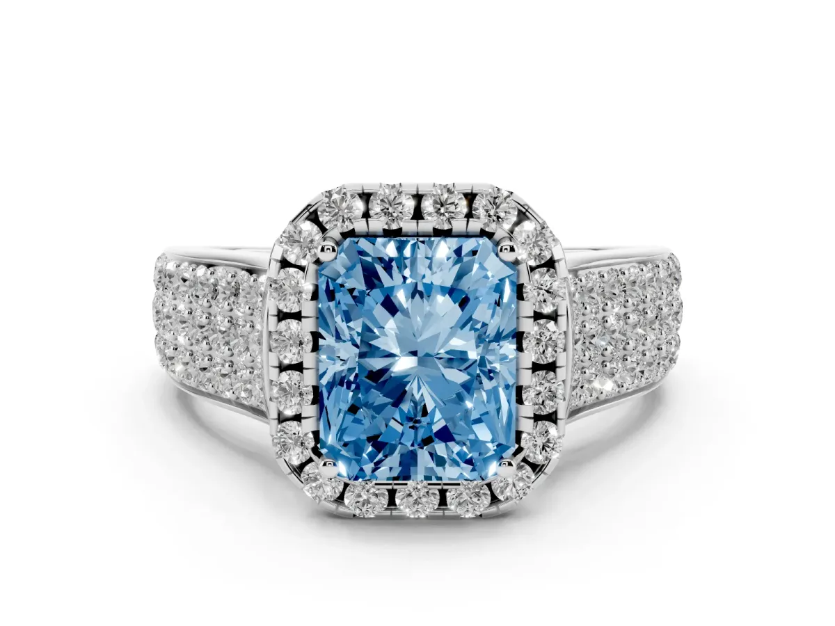 Fancy Blue Radiant Cut Diamond Halo Ring Set in Silver with Pavé Band and Raised Center Setting
