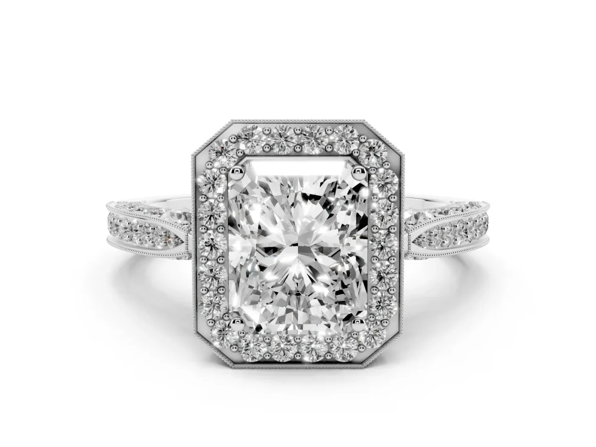 Radiant Cut Diamond Halo Engagement Ring Set in Silver with Accent Split Shank Band