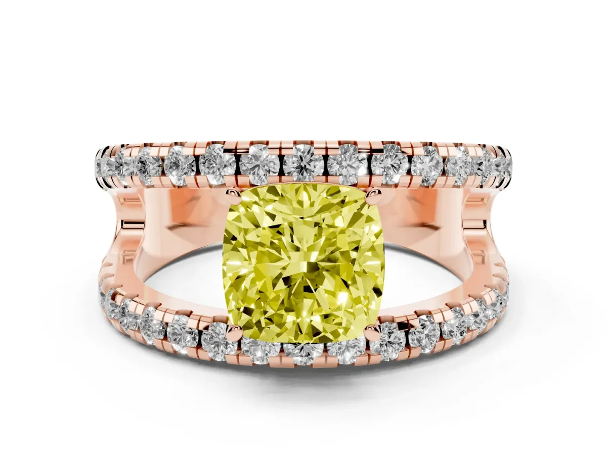Fancy Yellow Cushion Cut Diamond Split Shank Pavé Solitaire Ring Set in Rose gold with Open Shank Design